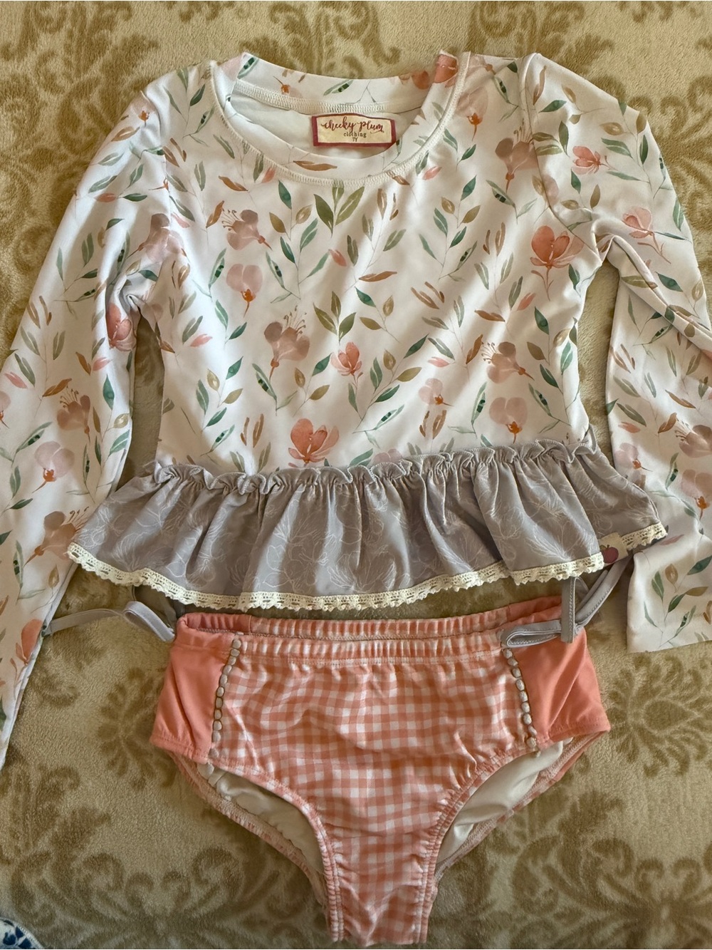 cheeky plum White Floral Ruffle Rash Guard with Pink Gingham Bikini Bottoms